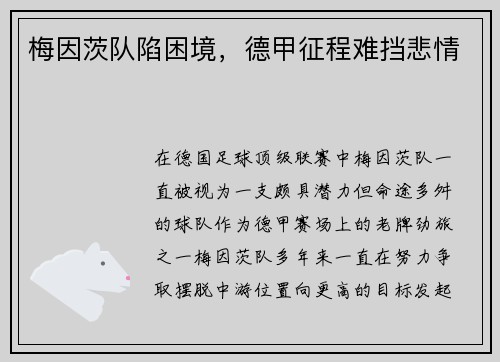 梅因茨队陷困境，德甲征程难挡悲情
